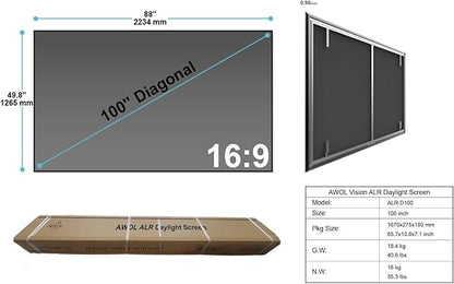 AWOL VISION 100" UST Projector Screen for Bright Day Light Using, 85% Ambient Light Rejecting (ALR) Fresnel Projector Screen for Ultra Short Throw Projector, Fixed Frame, Active 3D, HDR -D100