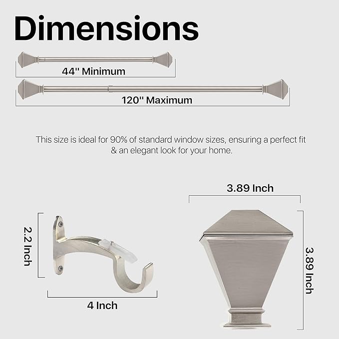 Deco Window Adjustable Curtain Rod for Windows 44 to 120 Inch (Pack of 1) Extendable Heavy Duty 3/4 Inch Iron Drapery Pole with Finials Wall Mounted French Door Curtain Rods (Silver)