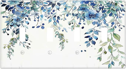 Light Switch Covers Boho Vintage Flowers Blue Green Sage Quad Toggle Electrical Faceplate 4 Gang Wall Plate Decorative Switch Plates for Bedroom Farmhouse Decor