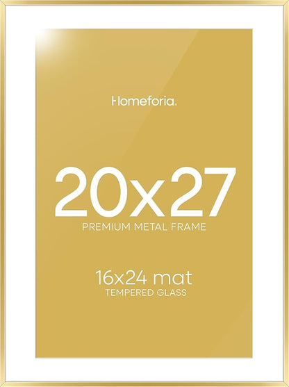 Homeforia 20x27 Picture Frame Gold, High End Metal 20x27 Poster Frames with Mat 16x24 Photo, 20 x 27 Gold Frame Matted to 16 by 24 Print, 27by20 Thin Hanging Frames, Tempered Glass, Wall Kit, Set of 1