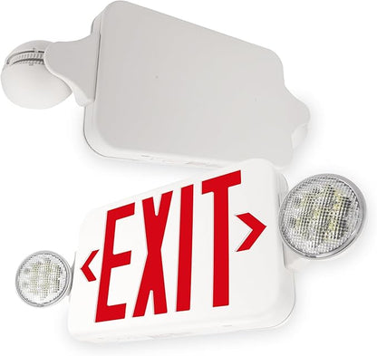 LFI Lights® Compact COMBO, UL 924 Listed Exit Sign with Emergency Lights, Red LED, White, 120/277VAC Hardwired with Battery Backup, Optional Double Face and Knock Out Arrows COMBOJR2RWBB