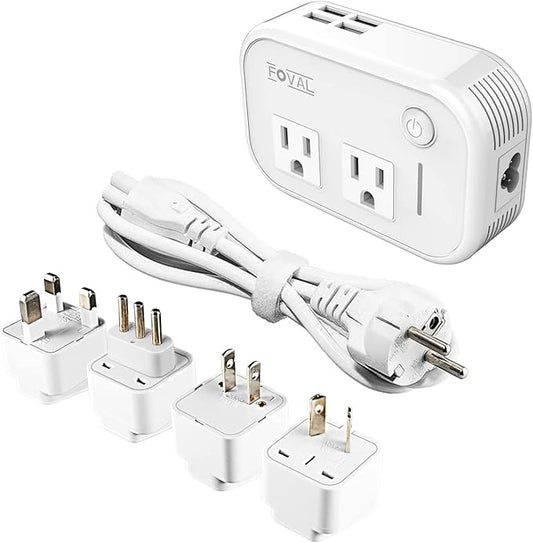 FOVAL Power Step Down 220V to 110V Travel Voltage Converter International Power Adapter for Hair Straightener/Curling Iron with 4-Port USB Charging US/UK/AU/EU Universal Plug Adapter (White)