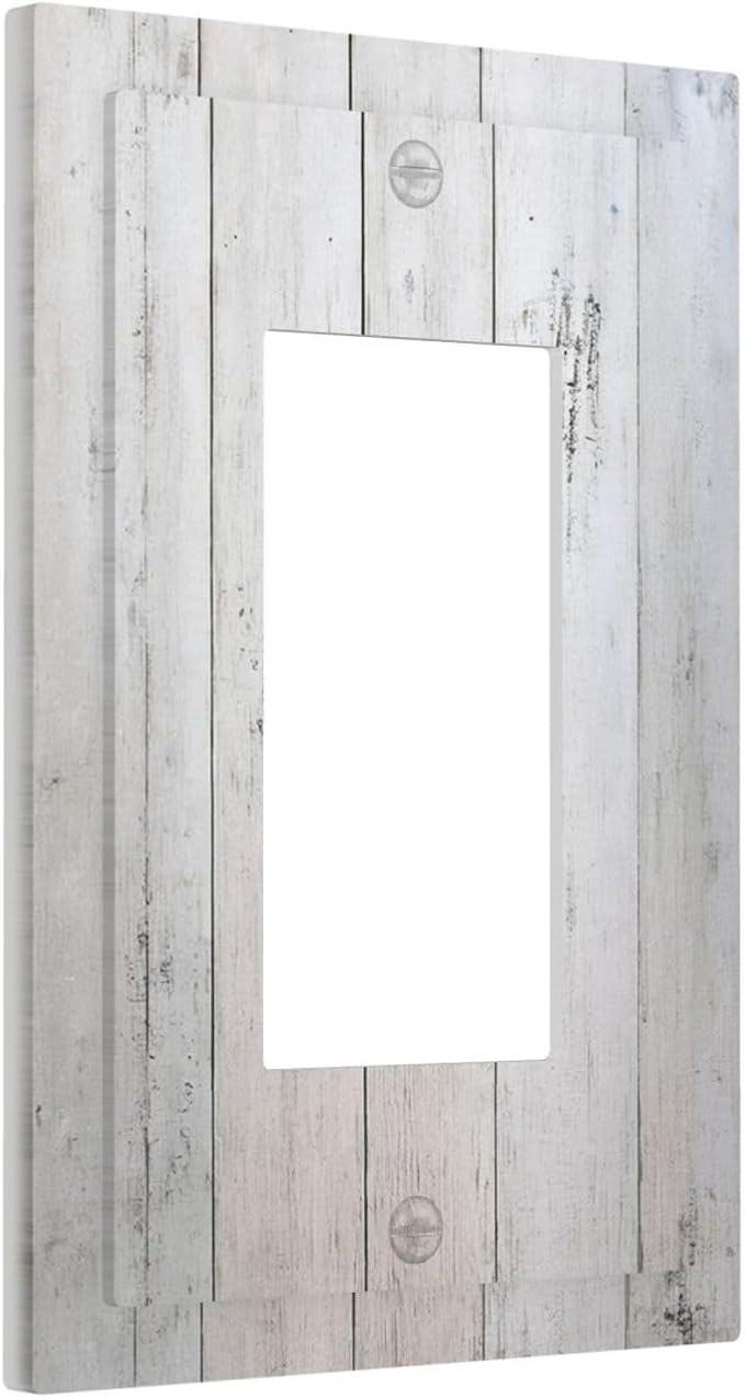Rustic White Grey Wood Grain Decorative Outlet Covers 1 Gang Single Rocker Light Switch Cover Plate Wall Plates GFCI Faceplate for Bedroom Bathroom Decor