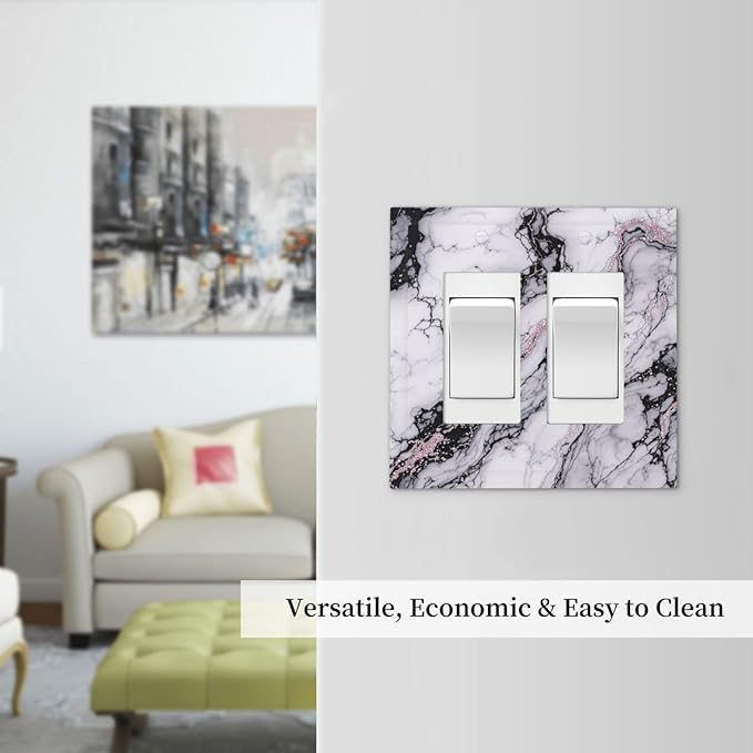 Decorative Outlet Covers White Marble Pattern Black Lines Pink Lines 2 Gang Double GFCI Rocker Electrical Wall Panels Light Switch Cover Plate for living Room Office Decor