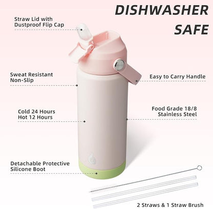 BJPKPK Insulated Water Bottle with Straw Lid, 18oz Thermo Water Bottles, Flex Handle & Non-slip Boot, BPA Free Leak Proof Stainless Steel Metal Thermo, Tumblers, Cups,Pearl Pink