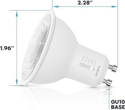 LUXRITE GU10 LED Bulbs Dimmable, 50W Halogen Equivalent, 5 Color Selectable 2700K-5000K, 6.5 Watt, 500 Lumens, 120V Spotlight LED Bulb GU10, Enclosed Fixture Rated (12 Pack)