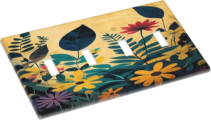 Light Switch Cover Plate Abstract Minimalist Floral Botanical Boho Flower Quad Toggle Wall Plates Decorative Switch Plates 4 Gang Outlet Covers Electrical Panel Cover Faceplate for Home 4.5 X 8 IN