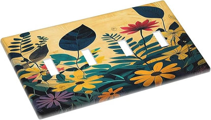 Light Switch Cover Plate Abstract Minimalist Floral Botanical Boho Flower Quad Toggle Wall Plates Decorative Switch Plates 4 Gang Outlet Covers Electrical Panel Cover Faceplate for Home 4.5 X 8 IN