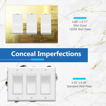 LIDER Triple Decorator Wall Plate, Impact Resistant, Mirrored Acrylic, Plexiglass, Reflective Finish, Modern Upgrade, Screwless Light Switch/Outlet Cover, Mid-Size 3-Gang 4.88" x 6.77" Gold