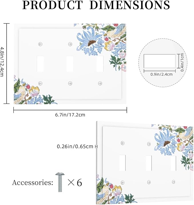 Decorative Light Switch Cover Plate Retro Morris Strawberry Rustic Plant Bird 3 Gang Wall Plate Oversized Triple Toggle Switch Cover Plate Jumbo Faceplate for Bedroom Decor