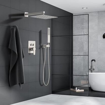Rainfall Shower System, 12 inch Wall Mounted Rain Shower Head with Handheld Spray, Push Button Diverter 2 Functions Simultaneous Use, Shower Faucet Set Rough-In Valve Includ, Brushed Nickel