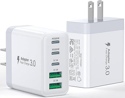 USB C Charger Block, [2-Pack] 60W 5-Port Fast Charger 20W Type C Charging Block 3.1A USB Wall Charger Dual Port PD+QC Charging Cube for iPhone 17 16 15 14 13 12 Pro Max XS, iPad, Samsung Phone, Tablet