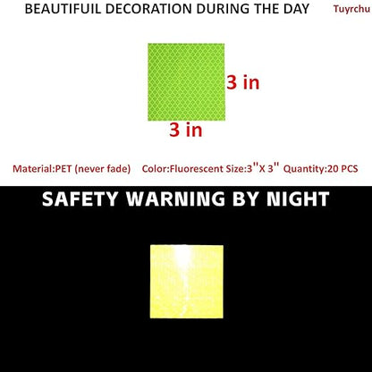 Non Fading Fluorescent Yellow Reflective Stickers 3 inch X 3 inch, Outdoor Waterproof High Visibility Safety Adhesive Reflector (20 Pcs)