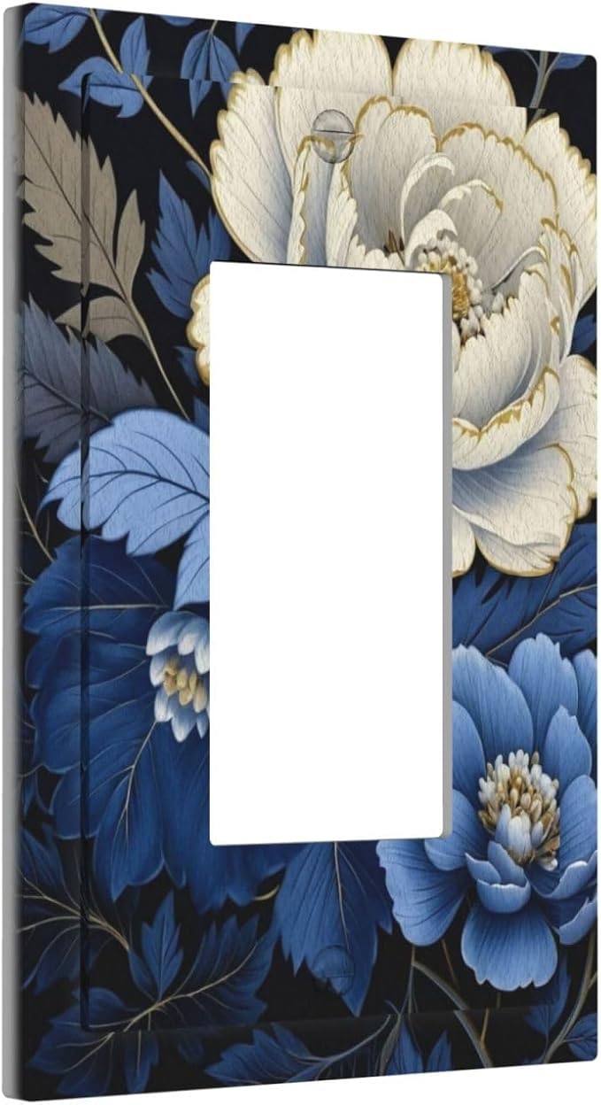 Blue White Flowers Single Decora Outlet Wall Plate 1 Gang Rocker Decorative Switchplate Faceplate GFCI Light Switch Covers for Home Living Decor