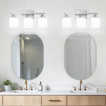 Brushed Nickel Bathroom Light Fixture, 3 Light Vanity Lights for Bathroom, Bath Lights with Milky White Frosted Glass Shades, E26 Socket