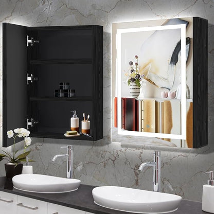 20 x 28 Inch Black Wood Led Medicine Cabinet Mirror with Lights Storage Wooden Cabinets Smart Memory 3 Color Dimmable AntiFog 28" Bathroom Lighted Medicine Cabinet with Mirror and LED Light