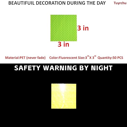 Non Fading Fluorescent Yellow Reflective Stickers 3 inch X 3 inch, Outdoor Waterproof High Visibility Safety Adhesive Reflector (50 Pcs)