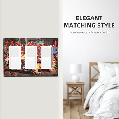 Light Switch Covers Hip Hop Street Graffiti Flame Car 3 Gang Rocker Electrical GFCI Decorative Triple Outlet Wall Plate Cover Switchplate for Bedroom living Room Decor