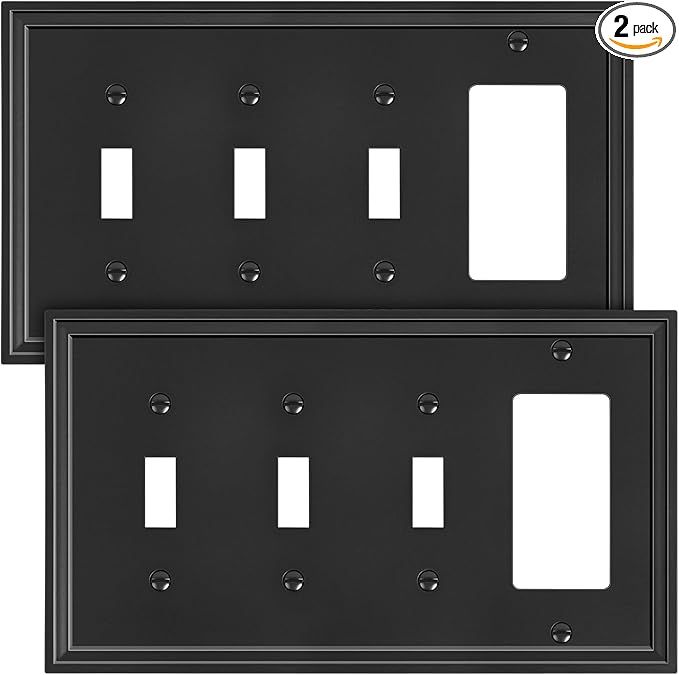 2-Pack Combo Decorator/Tripple Toggle Light Switch Cover Plate, Black Modern Decorative Electrical Outlet Covers, Bamboo Fiber Wall Switch Plates and Outlet Covers