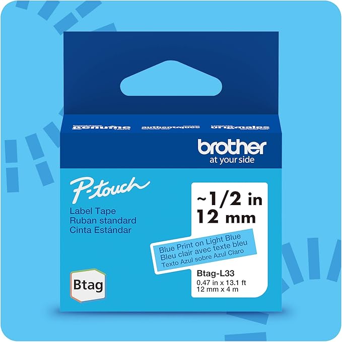 Brother Genuine P-Touch Btag BTAGL33 Blue on Light Blue Label Tape ~1/2in by 13.1ft (12mm x 4m)