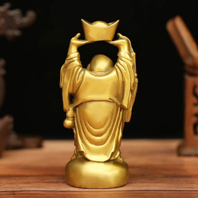 BRASSTAR Brass Laughing Buddha Holding Ingot Money Bag Statue Attract Wealth Feng Shui Ornament Home Office Decorative PTZY053