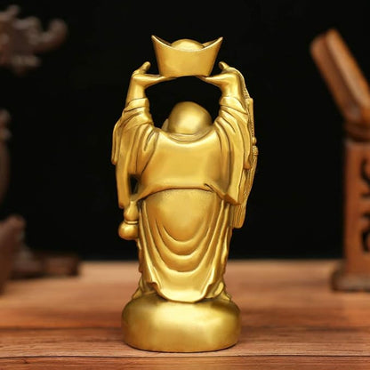 BRASSTAR Brass Laughing Buddha Holding Ingot Money Bag Statue Attract Wealth Feng Shui Ornament Home Office Decorative PTZY053