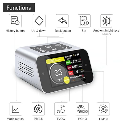 A16 Air Quality Monitor Indoor PM1.0 PM2.5 PM10 Dust Meter TVOC HCHO Pollution Tester 6 Sizes Particle Counter AQI Formaldehyde VOC Detector Home with Data Logger