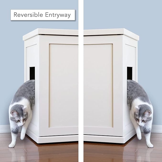 THE REFINED FELINE Cat Litter Box Enclosure Cabinet, Cottage, White, Tulip Feet, XLarge, Hidden Litter Cat Furniture with Drawer