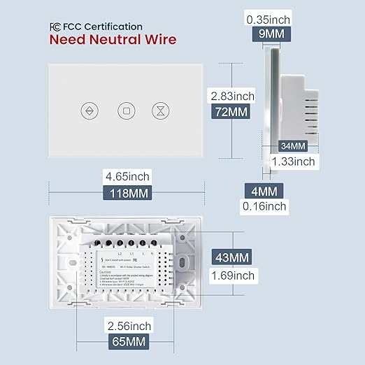 Smart Roller Shutter Switch 118X72X34MM Need Neutral Wire,2.4GHz WiFi Roller Shutter Switch, Tempered Glass Panel, Compatible with Alexa and Smart Life, White WiFi-Roller Shutter