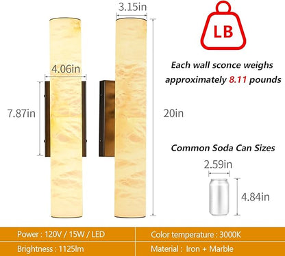 LMQNINE Natural Alabaster Wall Sconces Set of Two Spanish Marble Wall Light Cylinder Modern Black LED Sconce for Living Room Bedroom Bathroo Stairs（S-2Pack）