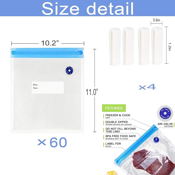 Sous Vide Bags 60pcs Reusable Vacuum Sealer Bags with 4 Sealing Clips, Reusable Vacuum bags for Food Storage and Sous Vide Cooking (10.2x11 Inch)