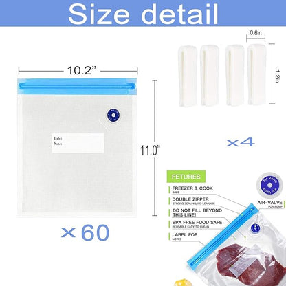 Sous Vide Bags 60pcs Reusable Vacuum Sealer Bags with 4 Sealing Clips, Reusable Vacuum bags for Food Storage and Sous Vide Cooking (10.2x11 Inch)
