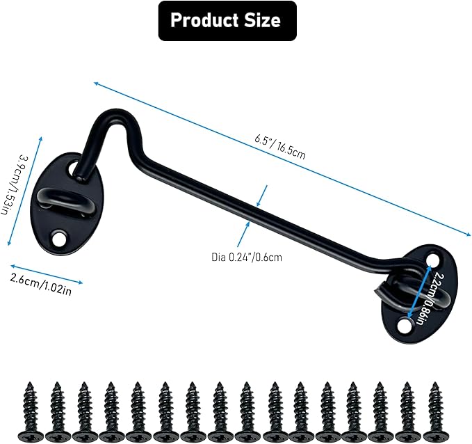 4-Pack 6Inch Door Lock Gate Latch Premium Stainless Steel Hook and Eye Gate Latch Cabin Hook with 16pcs Screws, Black