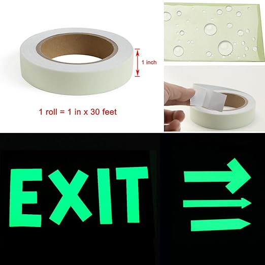 High Brightness Glow in The Dark Tape for Safety Marking, Art Craft DIY, Christmas Deco and Party Accessories. Non-Toxic Adhesive, Waterproof Rechargeable Luminous Tape (1 in X 30 ft)
