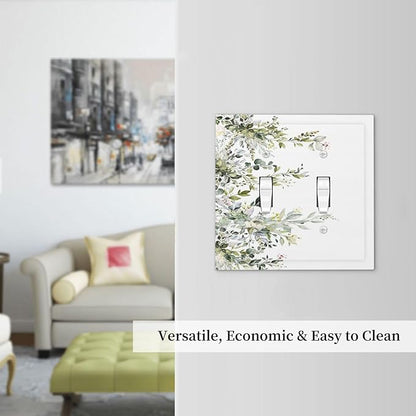 Decorative Light Switch Plate Covers Rustic Eucalyptus Leaves Green Leaf 2 Gang Light Switch Cover Unique Double Toggle Wall Plate Outlet Covers for Bedroom Home Decor （2 Pack）