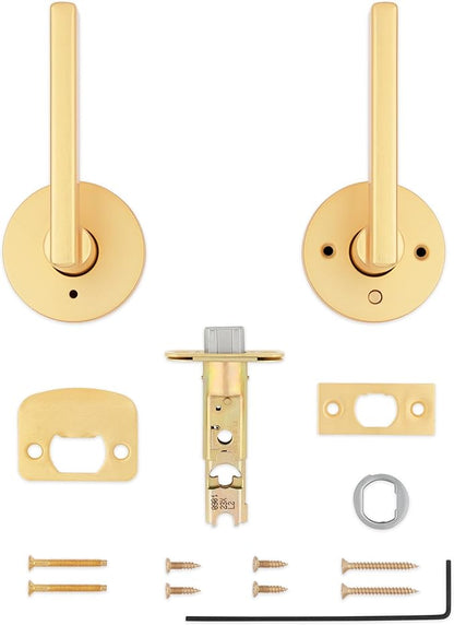 Kwikset Halifax Interior Privacy Door Handle with Lock, Door Lever for Bathroom and Bedroom, Satin Brass Reversible Keyless Push Button Lock Door Lever, with Microban Protection