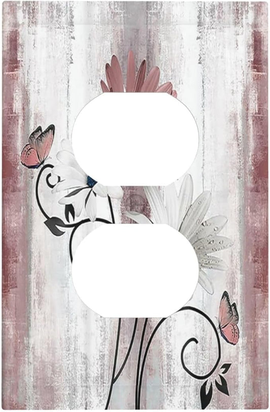 Outlet Covers Pink White Daisy Butterfly Wood Grain 1 Gang Duplex Wall Plate Decorative Switch Plates Electrical Receptacle Faceplate Light Switch Cover for Farmhouse Bathroom Decor