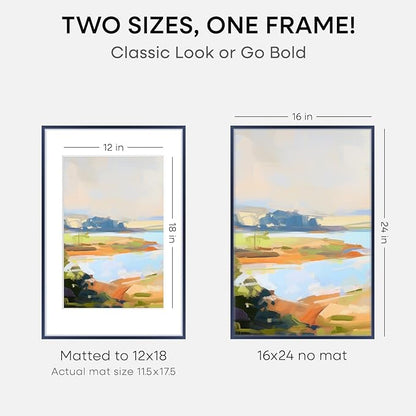 Homeforia 16x24 Navy Blue Picture Frame, High End Metal 16x24 Poster Frames with Mat 12x18 inch Photo, 16 x 24 Navy Blue Frame Matted to 12 by 18 Print, 24x16 Frame, Tempered Glass, Wall Kit, Set of 1