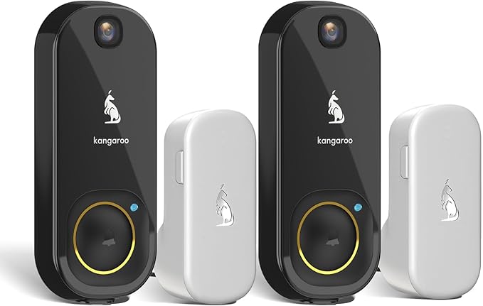 Kangaroo Wireless Doorbell+Chime,HD Camera,Easy Setup,Battery Power,Motion Detection,2.4G WiFi,Real-time Alerts to Phone,Security System for Home,Apartment and Office (2 Doorbell+2 Chime)