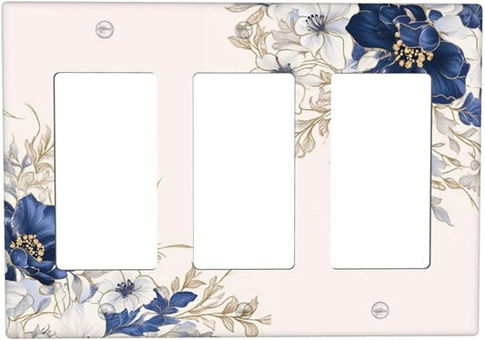Decorative Outlet Covers Rustic Blue Beige Flower Peony Floral 3 Gang Light Switch Cover Plate Triple Rocker Wall Plates for Electrical Outlets Switch Plate Covers for Bedroom Home Decor