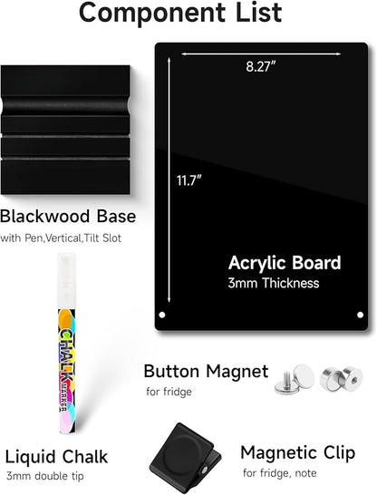 Acrylic Black Dry Erase Board with Stand - 12” x 8” Small Desktop Whiteboard with Marker, Reusable Desk Blackboard, to-Do List, Planner, Memo Clipboard, Menu Board for Office, Home, Bar