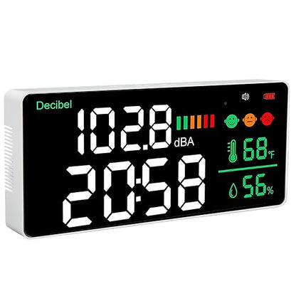 Decibel Meter 11 Inch LED Screen, Wall Mounted Sound Level Reader 30 to 130db, Time Temperature Humidity Display - Sensor, Adjustable Brightness, Ideal for Noise