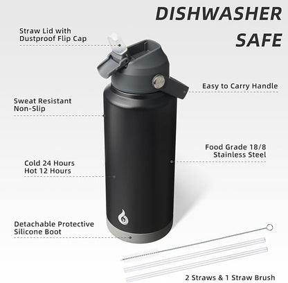BJPKPK Water Bottle with Straw Lid, 32oz Vacuum Insulated Water Bottles, Metal Stainless Steel Thermo for Sports, Travel, BPA Free Leak Proof Thermo, Cups, Flasks, Tumblers,Black