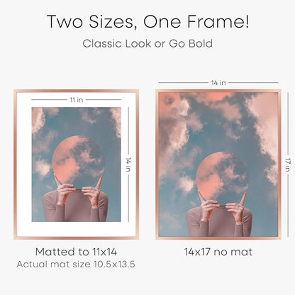 Homeforia 14x17 Picture Frame Rose Gold, High End Metal 14x17 Poster Frames with Mat 11x14 inch Photo, 14 x 17 Rose Gold Frame Matted to 11 by 14 Print, 17x14 Frame, Tempered Glass, Wall Kit, Set of 1