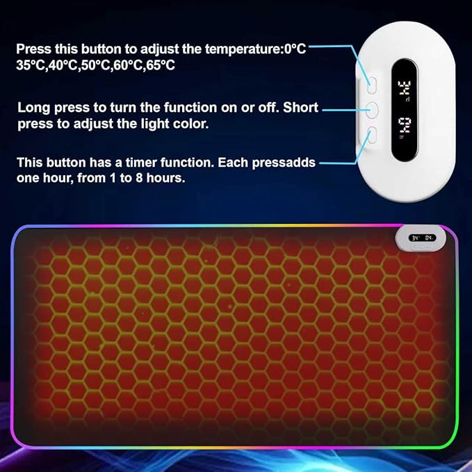Heated Desk Pad Mouse Pad - Warm Desk Pad - 6-Level Temperature Adjustment, Smart Temperature Control & 8-Hour Timer Auto Shut-Off, LED Gaming Mouse P