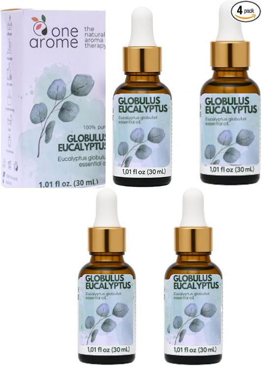 Eucalyptus Globulus Essential Oil by One Arome – Pure, Undiluted & Steam-Distilled Herbal Aroma for Diffusers for Home, Massage (Dilute), Cleaning & Linen Refresh (Pack of 4/1.0 Fl Oz)
