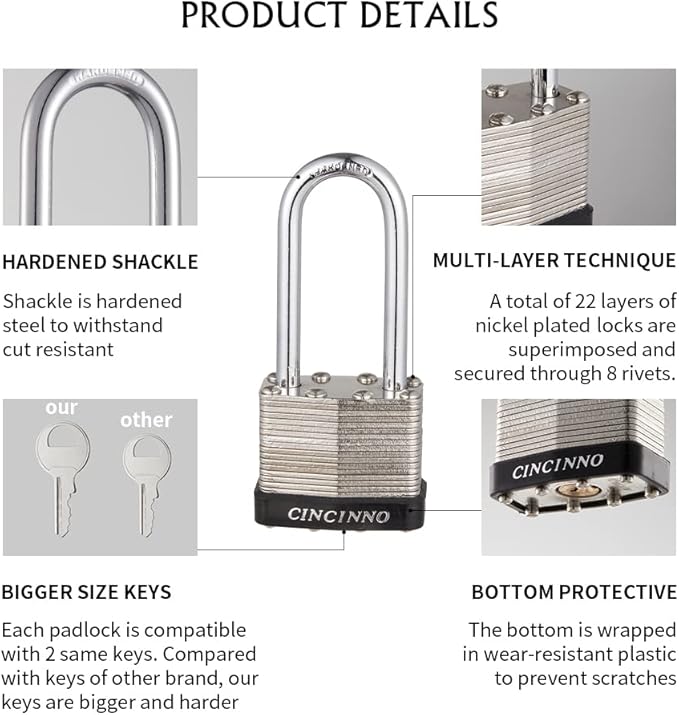 40mm Keyed Alike Nickel Plated Laminated Steel Padlock, 1-9/16" Wide Body 2-inch Long Shackle Padlocks with Keys Pack of 12