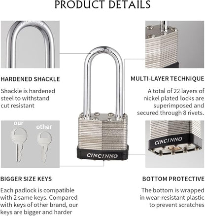 40mm Keyed Alike Nickel Plated Laminated Steel Padlock, 1-9/16" Wide Body 2-inch Long Shackle Padlocks with Keys Pack of 12