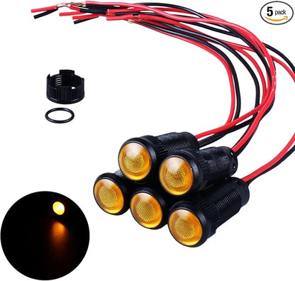 5pcs 10mm LED Indicator Light Plastic Black Signal Dot Lamp 12V-24V 2/5" Mounting Hole Size with 15cm/5.9in. Wire (Yellow LED)