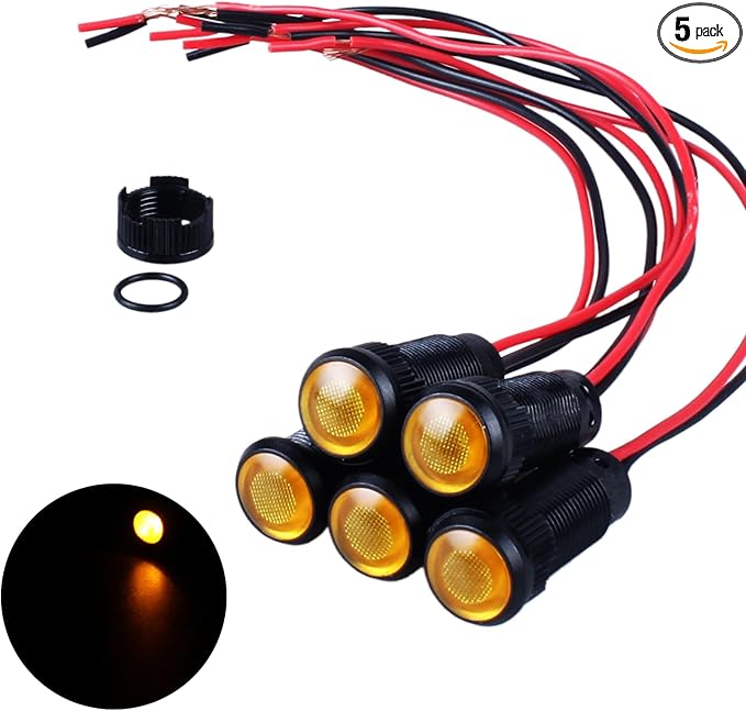 5pcs 10mm LED Indicator Light Plastic Black Signal Dot Lamp 110-220VAC 2/5" Mounting Hole Size with 15cm/5.9in. Wire (Yellow LED)